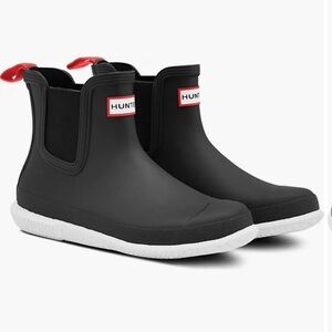 Hunter Black Chelsea Rain Boots with White Sole and Red Pull Tab